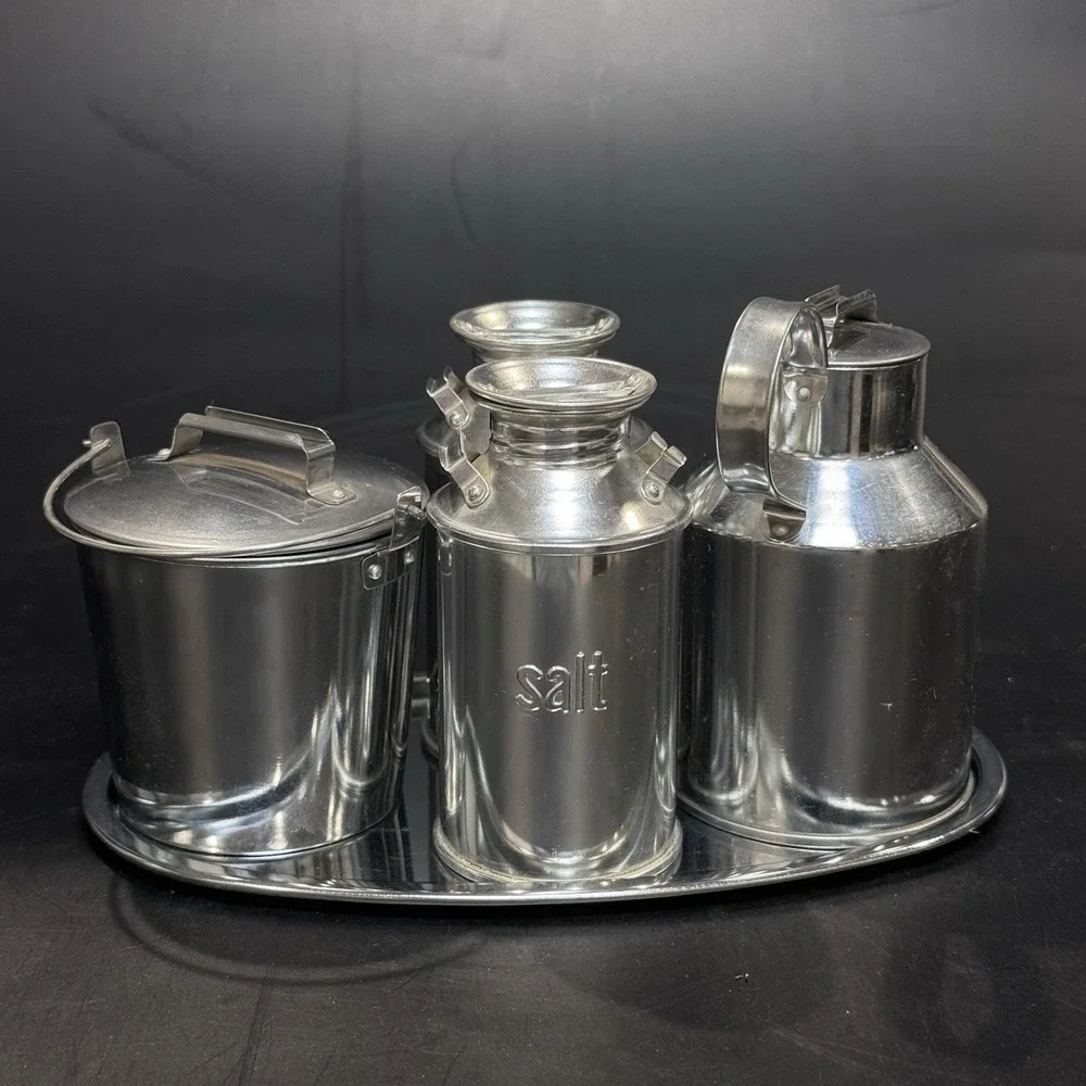 Vintage Mid Century Aluminum Kitchen Table‎ Condiment Set Made in Japan 9pc LNC